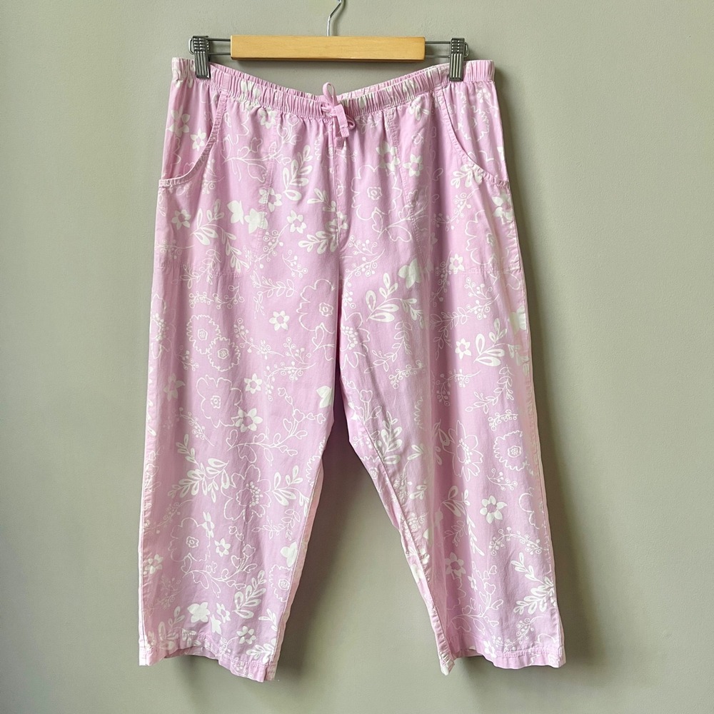 Fresh Produce Pants Women's Large Pink White Floral Cropped Ankle Pull On Cotton